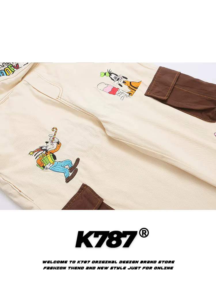 K787 Bộ áo liền quần vải canvas kiểu cổ điển của Mỹ có thêu hình chú chó unisex phong cách đại học quần yếm denim phối màu