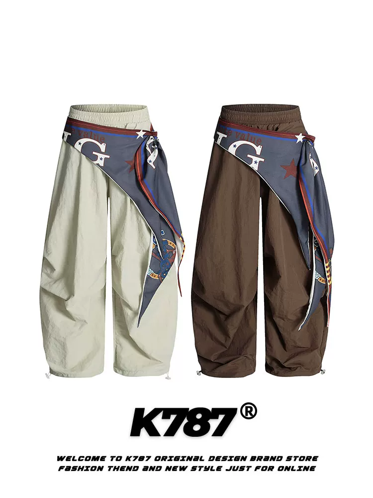 Quần cargo xếp ly kiểu Mỹ cổ điển K787, thiết kế cắt xéo, unisex, phong cách hip-hop đường phố, dáng rộng, thoải mái.