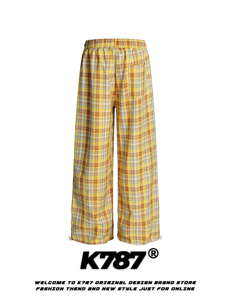 Quần âu unisex kiểu Mỹ cổ điển, phối màu, thêu, chắp vá, kẻ ca rô, dáng rộng, cạp cao, ống thẳng, phong cách đường phố, mã K787