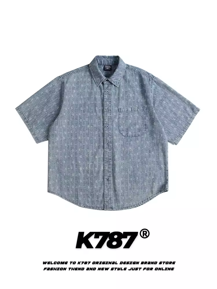 K787 Áo sơ mi ngắn tay jacquard sọc theo xu hướng cổ điển của Mỹ dành cho nam và nữ, áo cardigan nửa tay denim cổ điển đã giặt rộng rãi