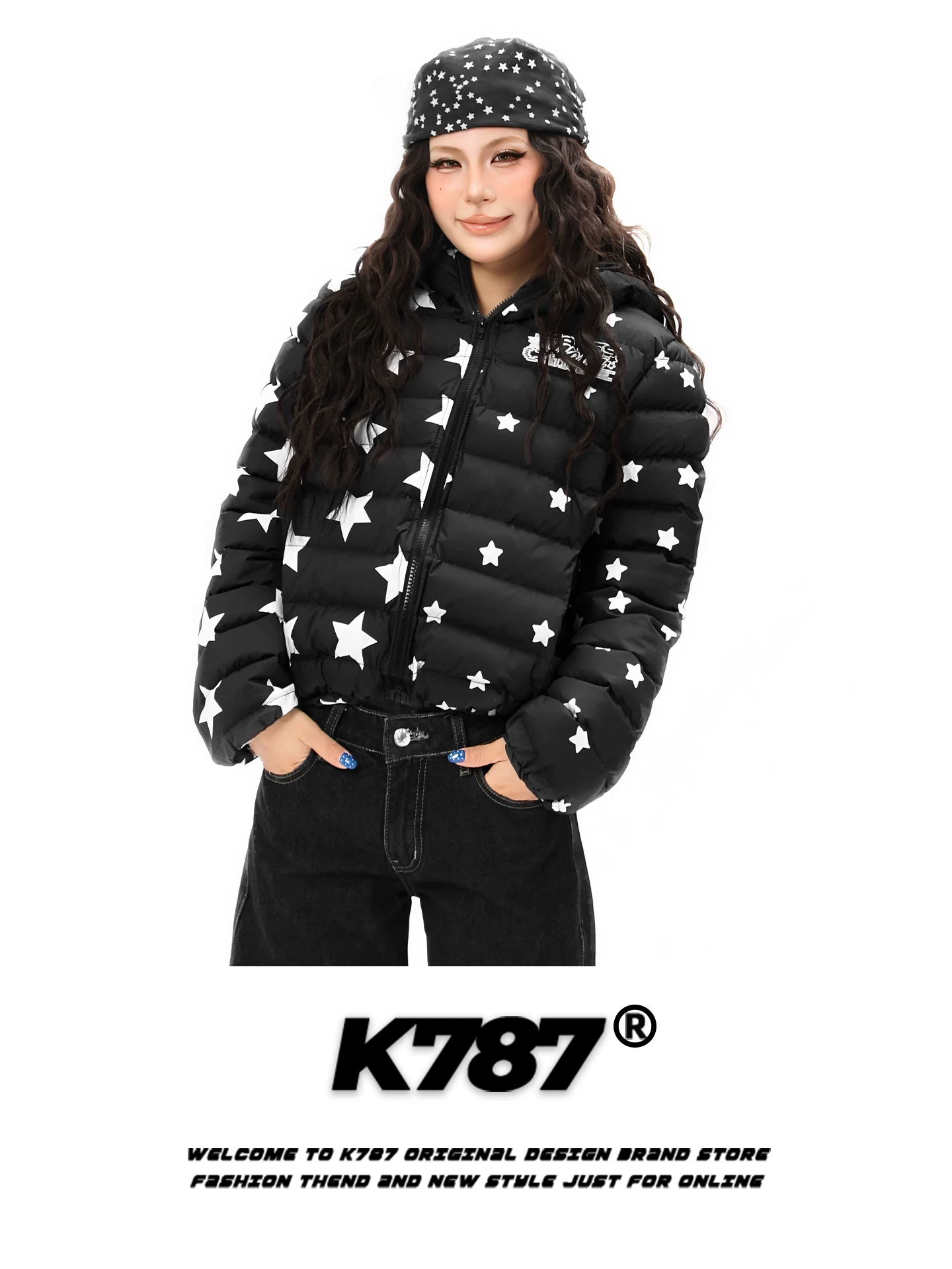 Áo khoác cotton có mũ trùm đầu kiểu Mỹ K787 in hình ngôi sao, chất liệu cotton dày dặn, ấm áp, kiểu dáng ngắn y2k dành cho nữ