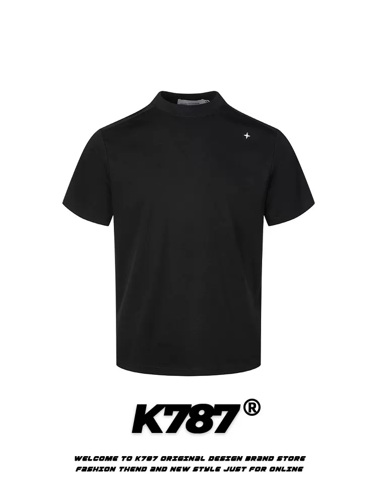 K787 Áo thun ngắn tay thêu chữ thập đơn giản theo phong cách retro của Mỹ dành cho nam và nữ, áo trễ vai dáng rộng thông thường kiểu dáng đơn giản