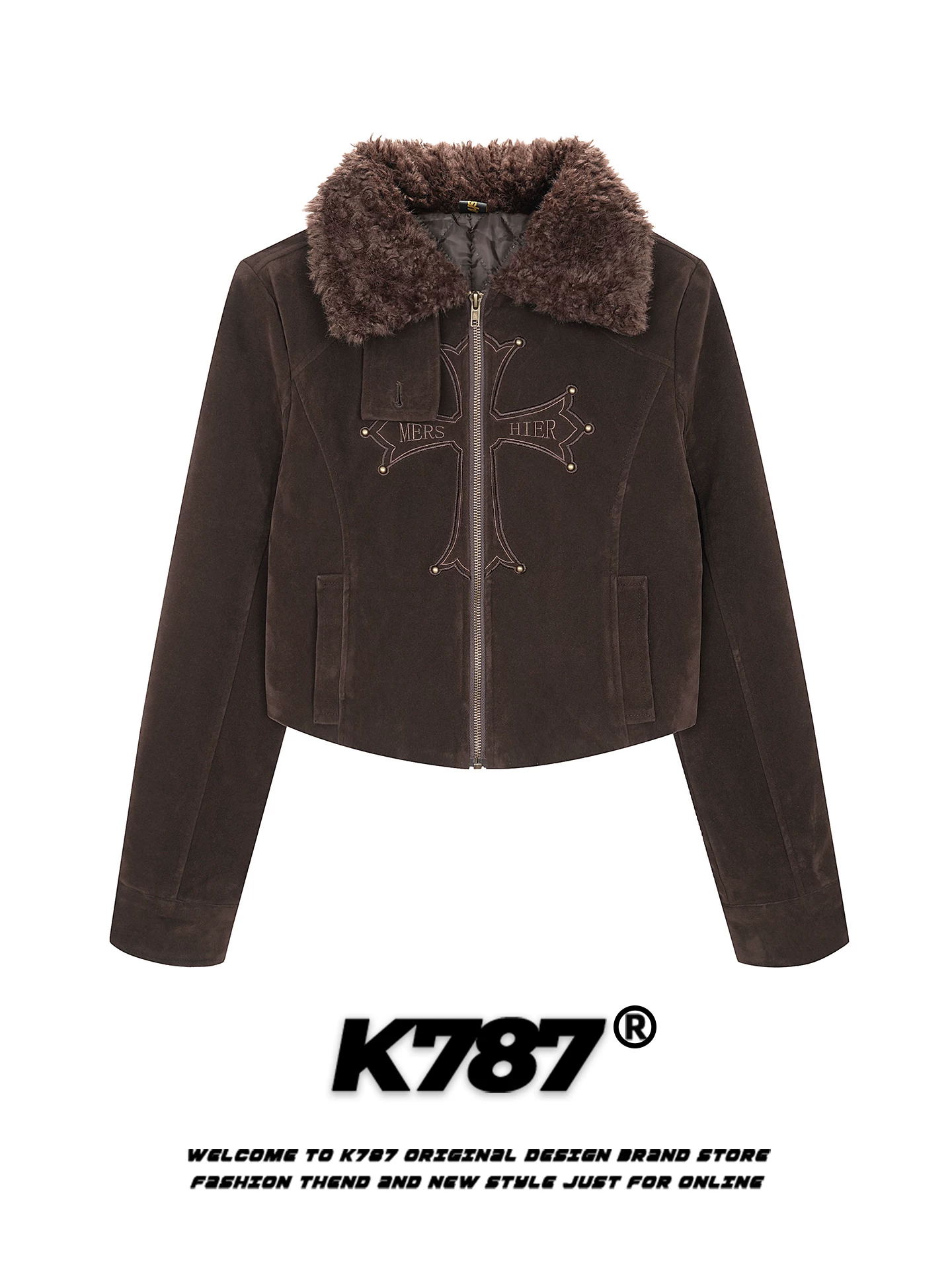 Áo khoác cotton cổ lông đính cườm kiểu Mỹ cổ điển K787 dành cho nữ, ấm áp và dày dặn, áo khoác cotton ngắn phong cách Gothic cho mùa đông.