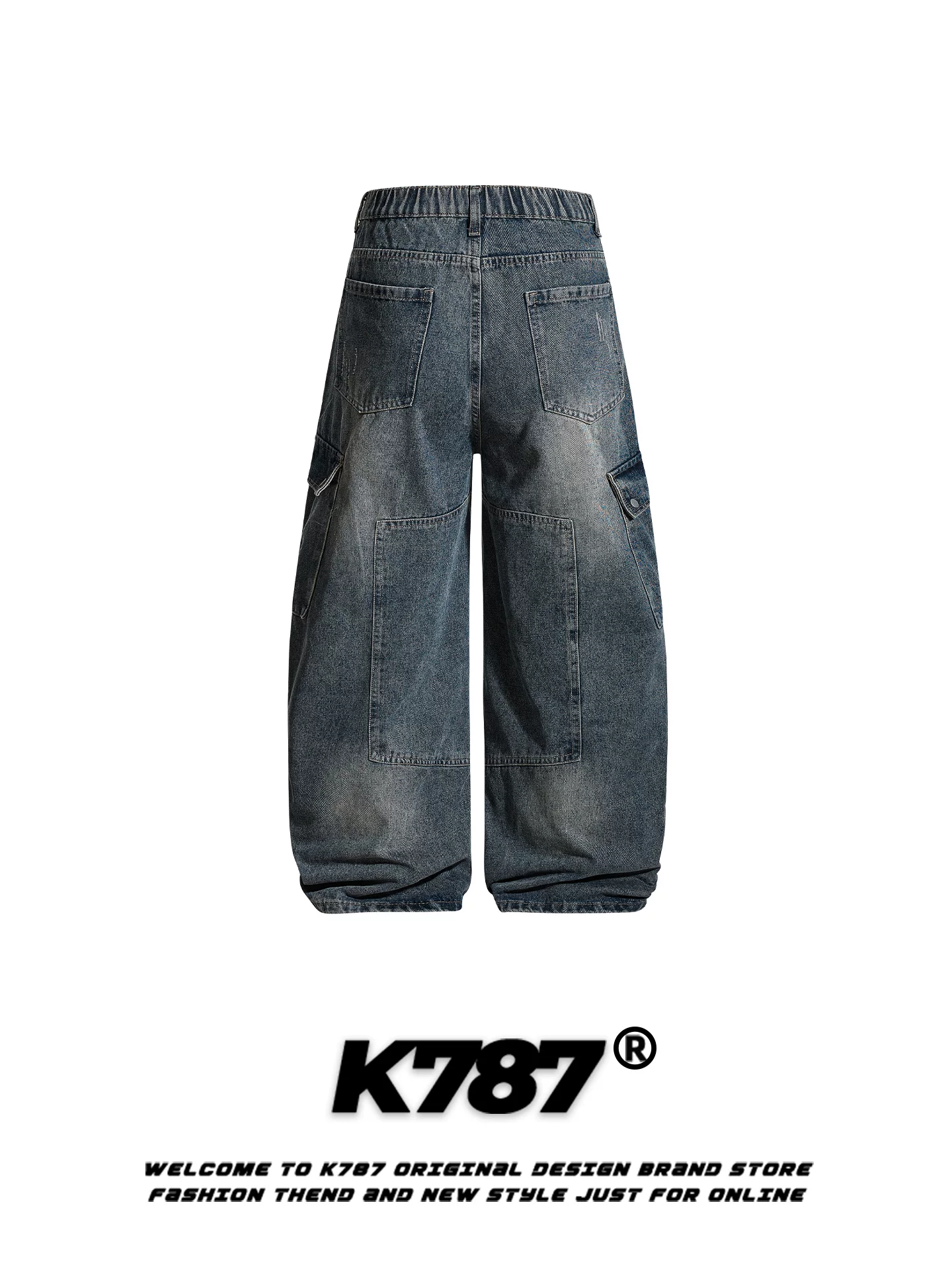 Quần jeans K787 kiểu Mỹ cổ điển, nhiều túi, thiết kế phá cách dành cho nam và nữ, dáng rộng, phong cách casual, rách, dài chấm đất, ống rộng kiểu kiếm.