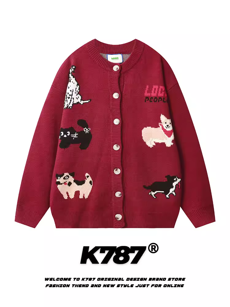 K787 Áo len dệt kim màu đỏ theo phong cách retro kiểu Mỹ theo chủ đề chó mùa đông áo len cặp đôi theo phong cách cung hoàng đạo