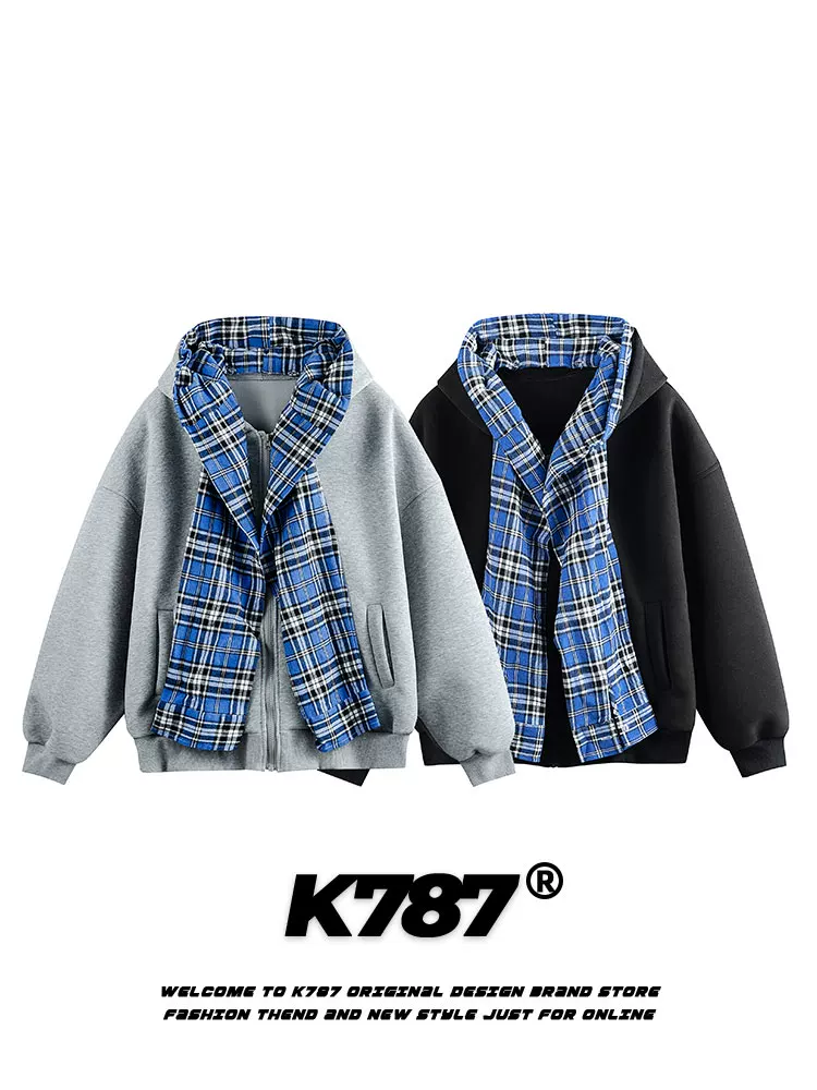 Áo khoác cardigan có mũ trùm đầu kiểu Mỹ cổ điển giả hai mảnh kẻ sọc K787 dành cho nam và nữ, phối khăn quàng cổ, kiểu dáng lười biếng, áo khoác cặp đôi