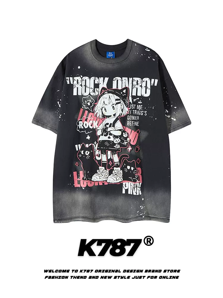 K787 Áo thun ngắn tay phong cách retro hoạt hình vui nhộn hip-hop dành cho nam và nữ có in hình mèo chuyển màu Áo thun cặp đôi