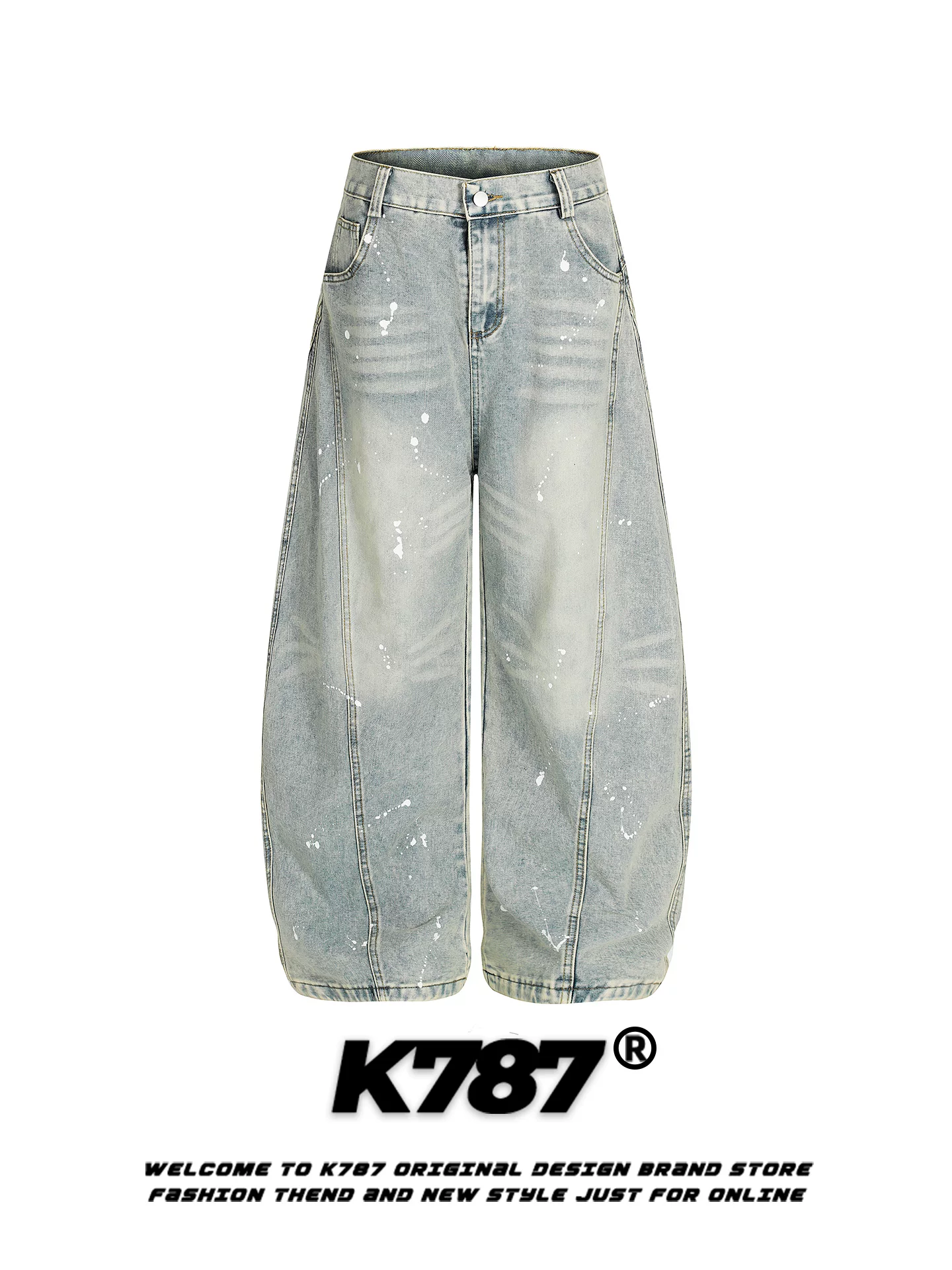 Quần jeans unisex kiểu dáng street fashion, chất liệu denim xước, phong cách retro Mỹ, cạp cao, ống rộng, mã K787