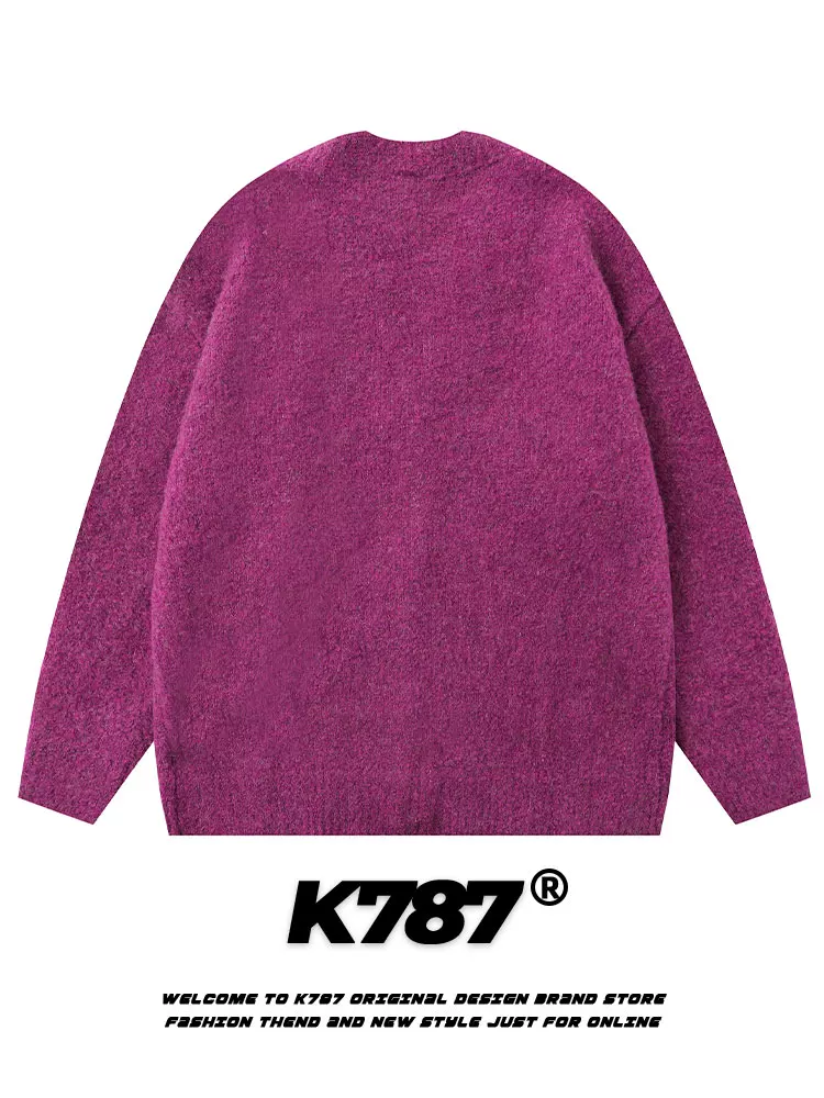 Áo cardigan dệt kim dày cổ chữ V màu tím K787 dành cho nam và nữ, áo len cặp màu trơn phong cách mùa đông thoải mái