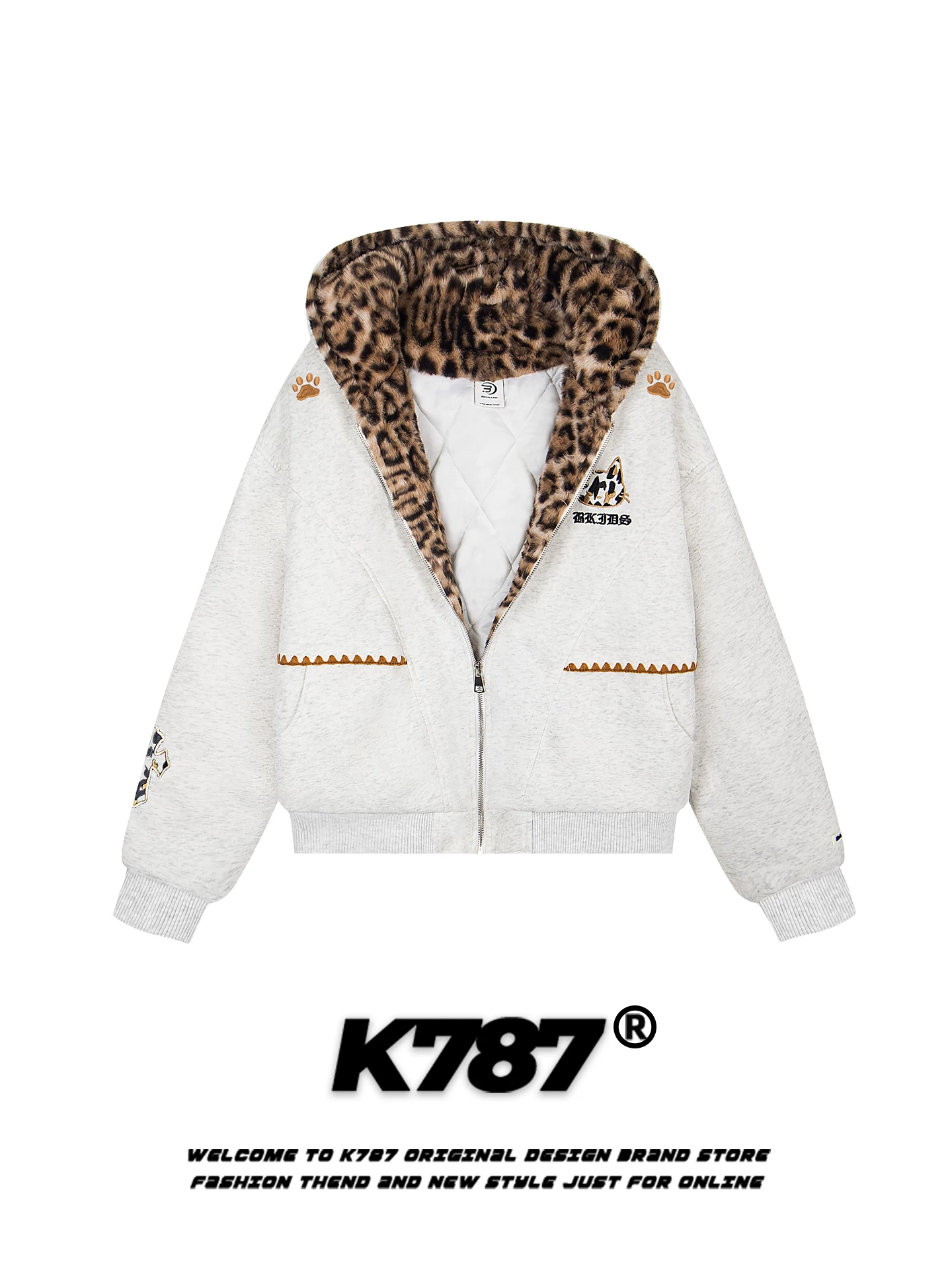 Áo khoác cotton có mũ trùm đầu in hình báo đốm phong cách retro Mỹ K787, thêu hình mèo, thương hiệu thời trang, lót bông ấm áp mùa đông, màu hồng, dành cho cặp đôi.
