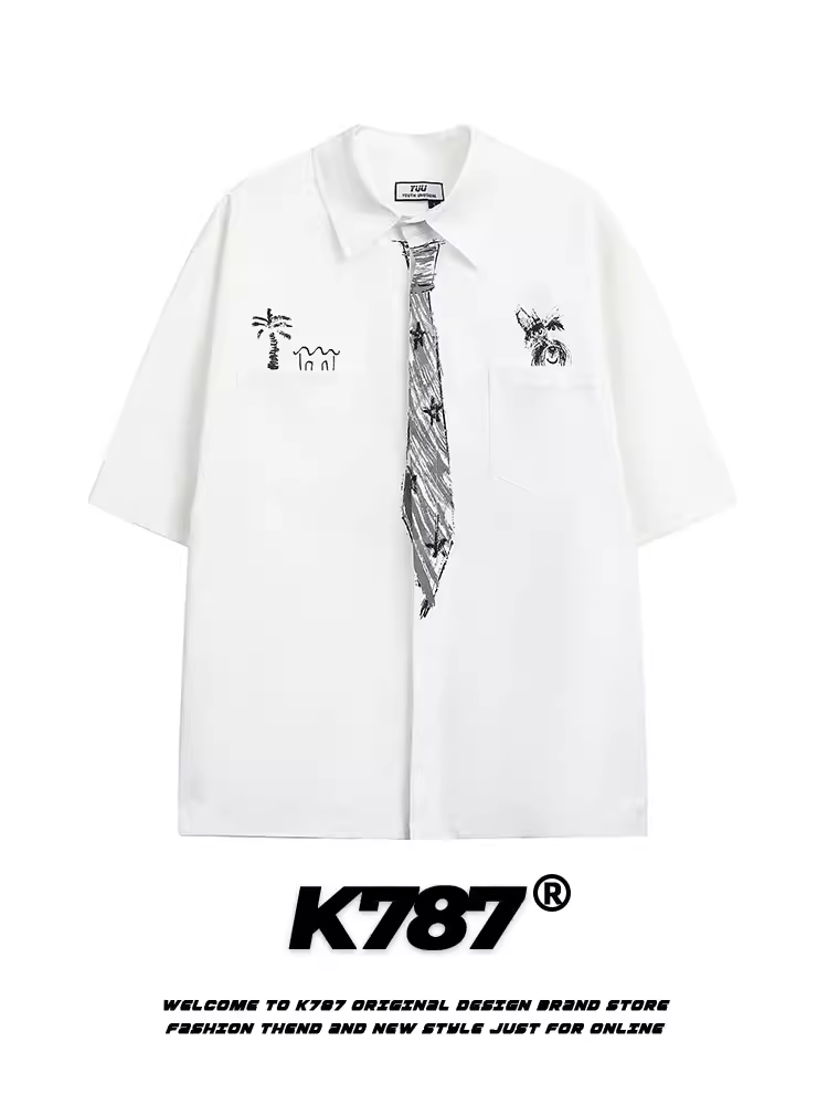 K787 Áo sơ mi ngắn tay cổ giả phong cách retro quốc gia của Mỹ dành cho nam và nữ, áo cardigan nửa tay phong cách đại học vui nhộn và lười biếng cho mùa hè