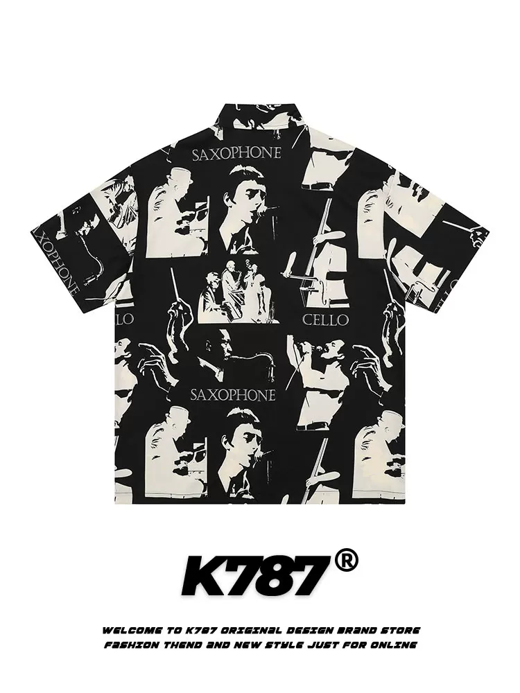 K787 Áo sơ mi ngắn tay dáng rộng in họa tiết cổ điển kiểu Mỹ dành cho nam và nữ áo cardigan nửa tay theo xu hướng quốc gia cổ điển dành cho cặp đôi