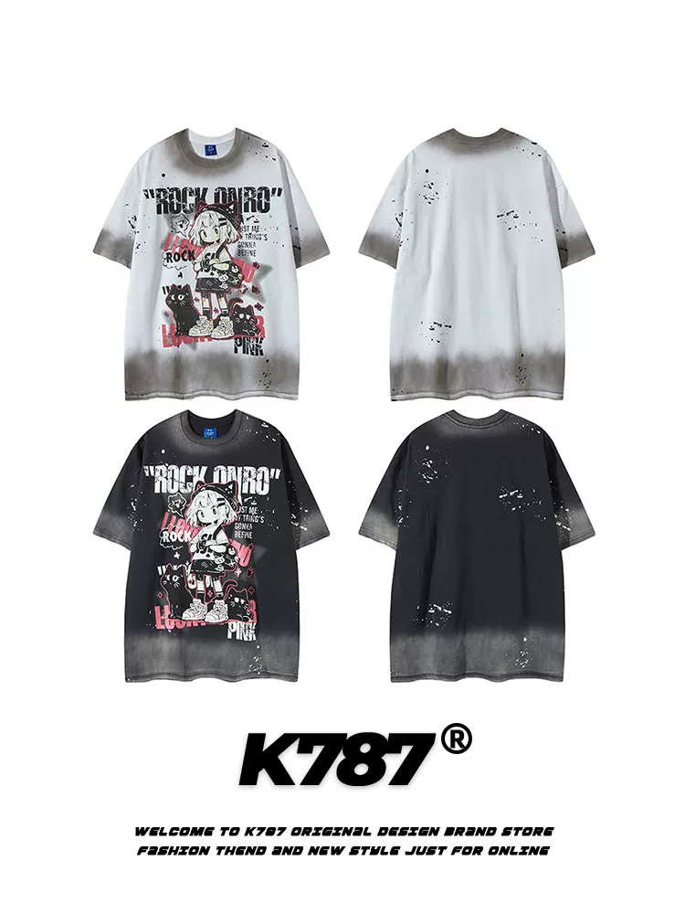 K787 Áo thun ngắn tay phong cách retro hoạt hình vui nhộn hip-hop dành cho nam và nữ có in hình mèo chuyển màu Áo thun cặp đôi