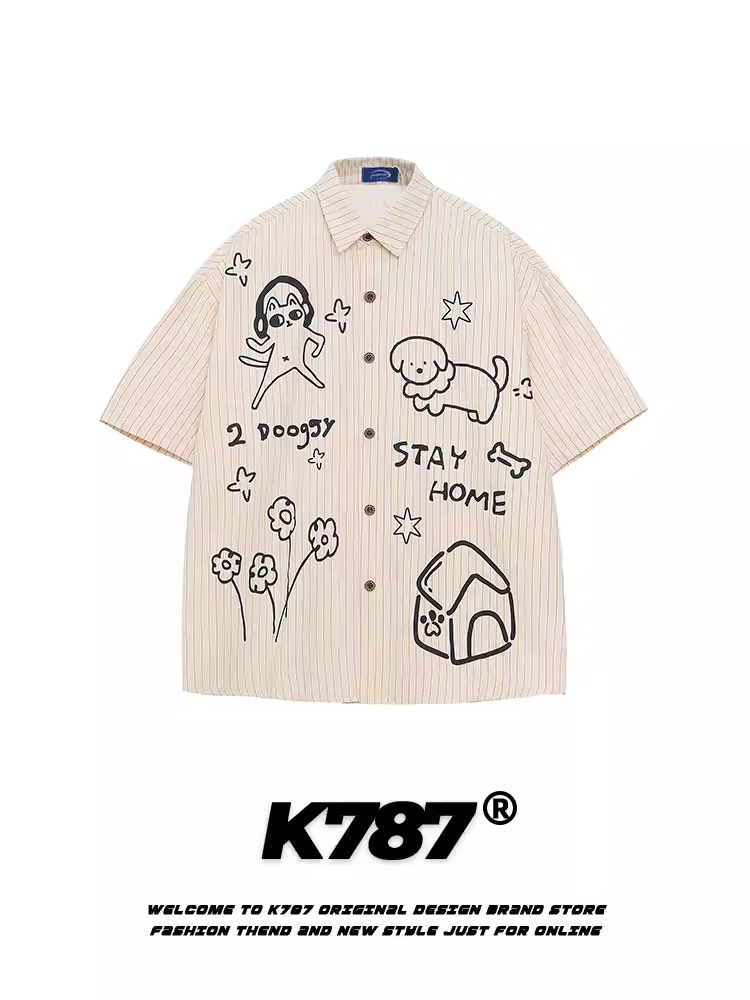 K787 Áo sơ mi ngắn tay phong cách đại học vui nhộn dành cho chó Graffiti Unisex sọc đa năng dáng rộng phong cách lười biếng Áo đôi