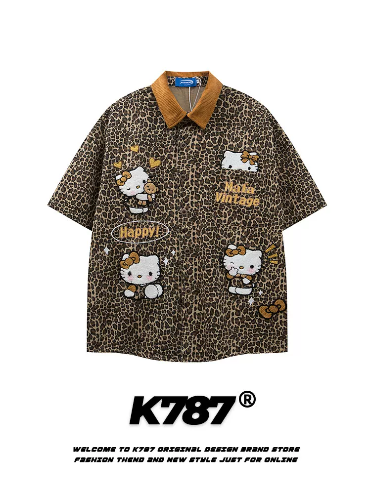 K787 Áo sơ mi ngắn tay họa tiết da báo cổ điển Mỹ Hello Kitty dành cho nam và nữ cổ điển đường phố cao cấp hiphop áo đôi
