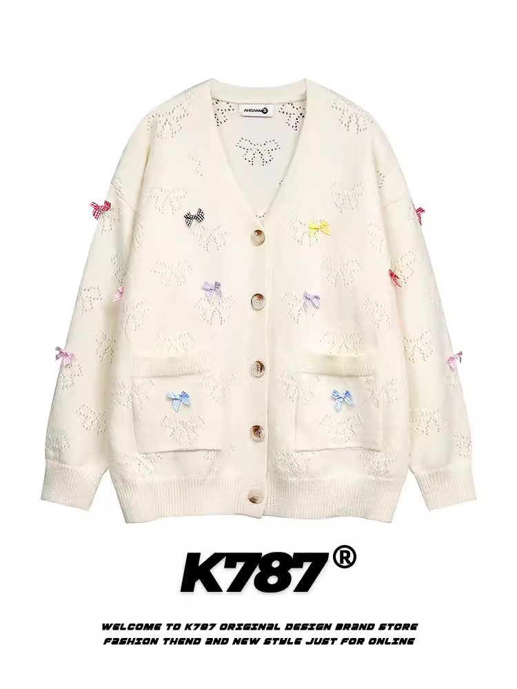 Áo cardigan dệt kim thêu nơ kiểu Mỹ cổ điển K787 dành cho nam và nữ, phong cách preppy mùa đông, áo khoác cặp đôi