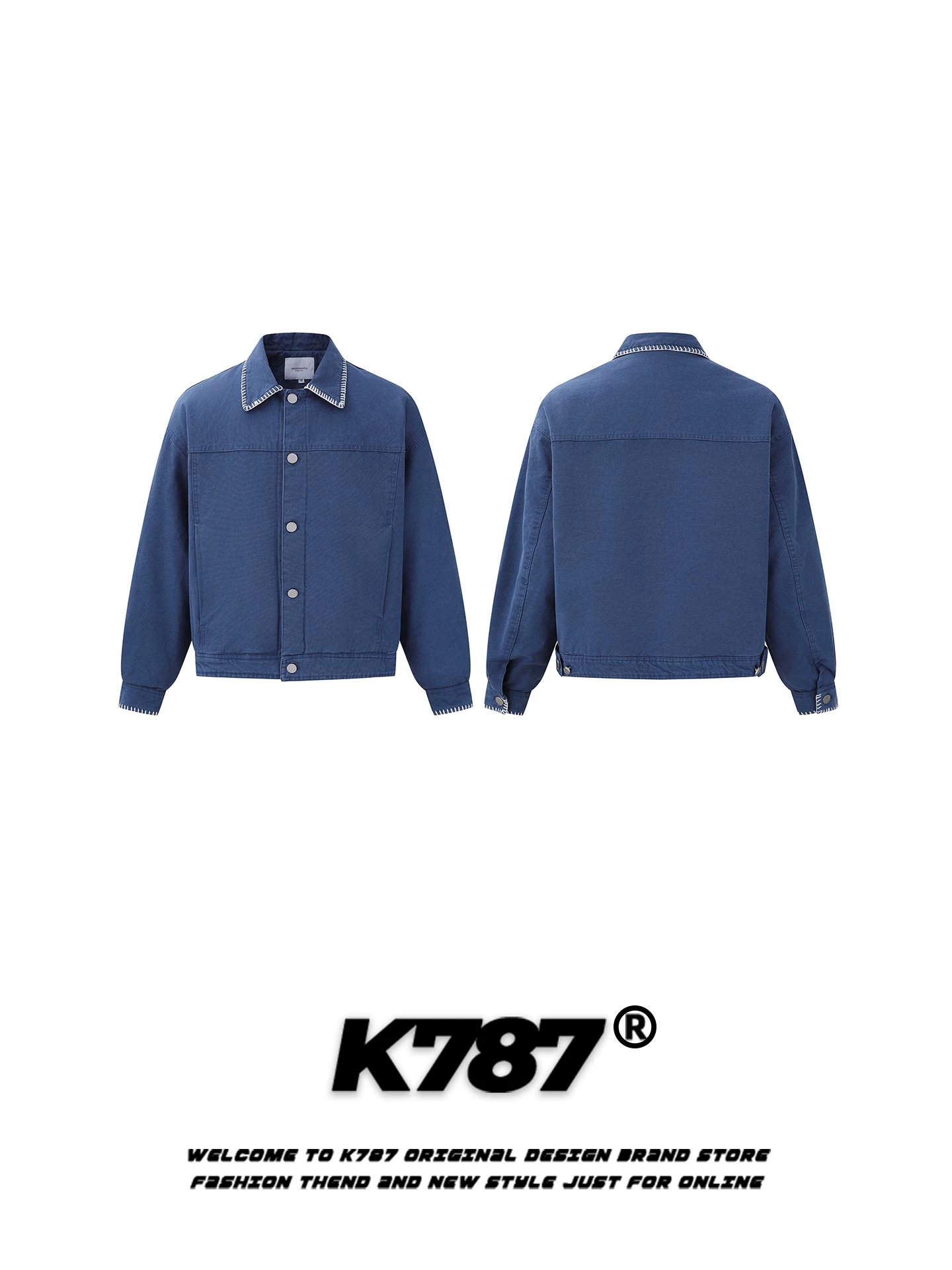 Áo khoác cotton kiểu cổ điển Mỹ K787, phối chỉ xanh, dành cho nam và nữ, dáng rộng, lót bông ấm áp, áo khoác đôi mùa đông.