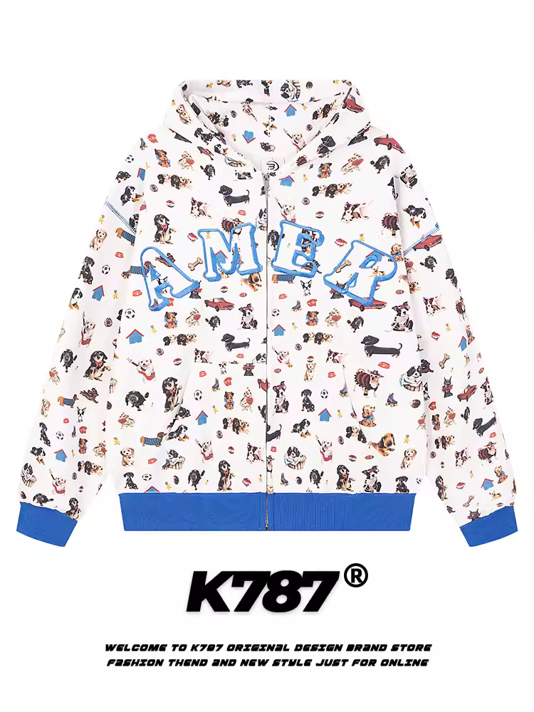 Áo khoác có mũ trùm đầu in hình chó phong cách retro Mỹ K787 dành cho nữ, áo khoác cặp đôi có lót lông cừu mùa đông rộng rãi hợp thời trang