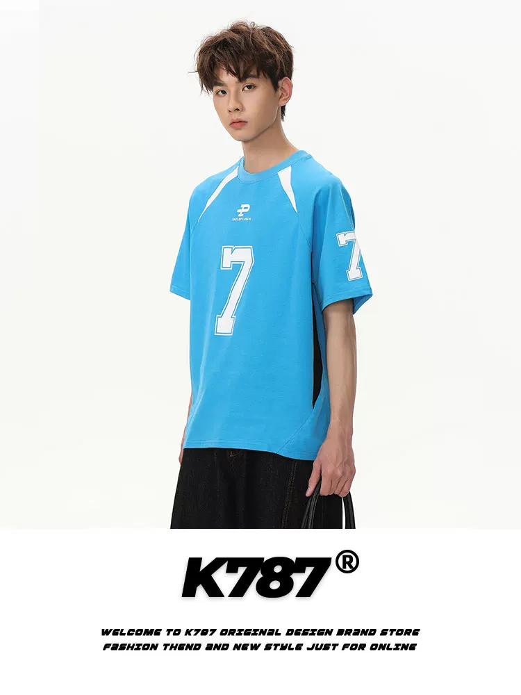 K787 Áo thun ngắn tay phong cách retro đường phố Mỹ phối màu unisex, kiểu dáng rộng rãi, in họa tiết, dành cho cặp đôi, tay lửng