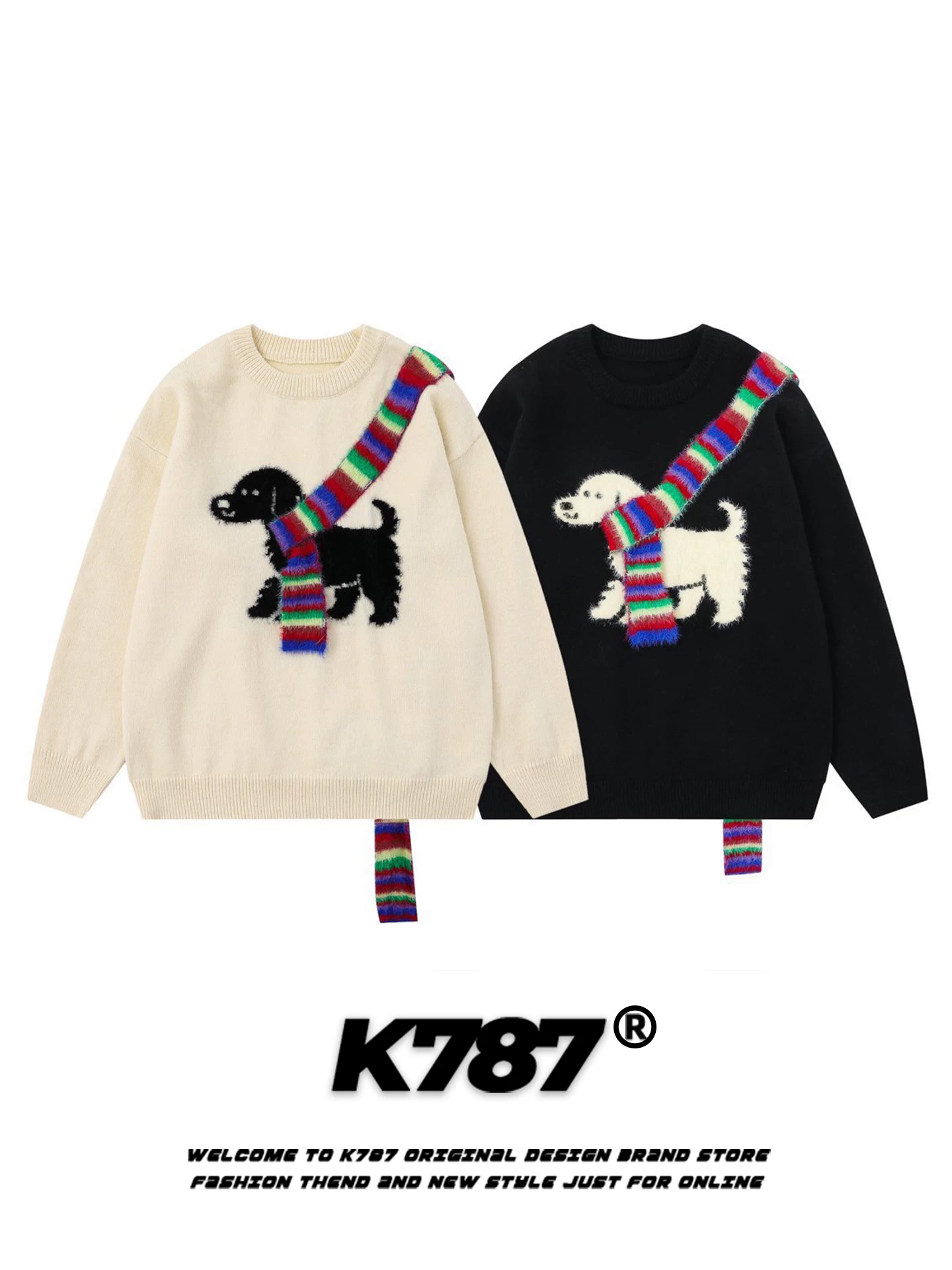 Áo len cổ tròn unisex kiểu dáng rộng rãi, chất liệu len dệt kim, họa tiết cầu vồng retro Mỹ, kiểu dáng cặp đôi, mã K787
