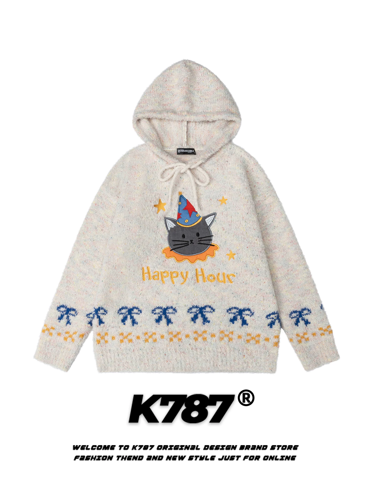 Áo hoodie thêu hình mèo phong cách đường phố Mỹ K787, áo khoác unisex vui nhộn, áo len dệt kim họa tiết sao