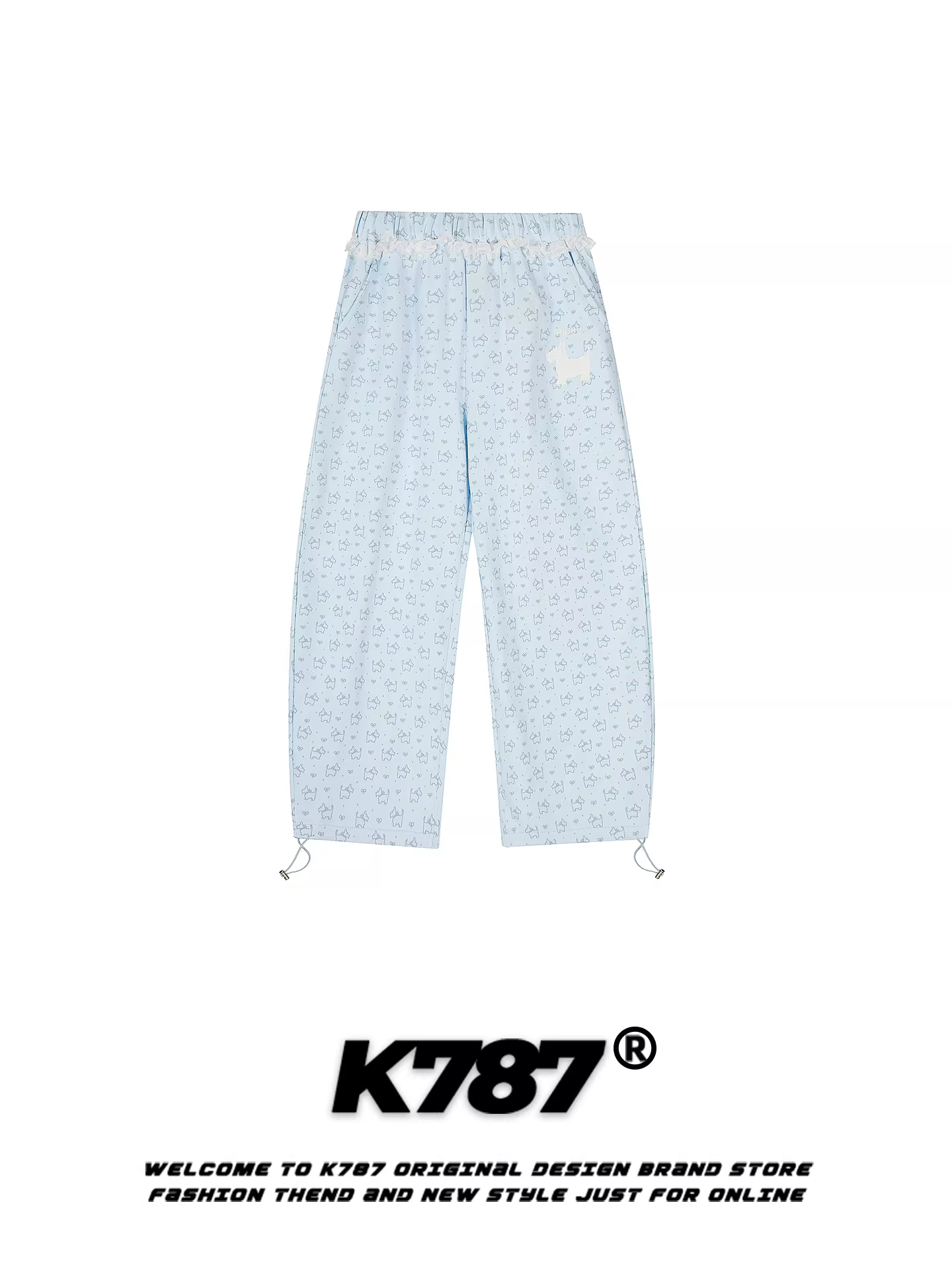 Quần âu nữ K787 in họa tiết chó toàn thân, kiểu dáng xuông rộng, cạp chun, viền ren, cạp cao, tôn dáng, giảm tuổi tác.