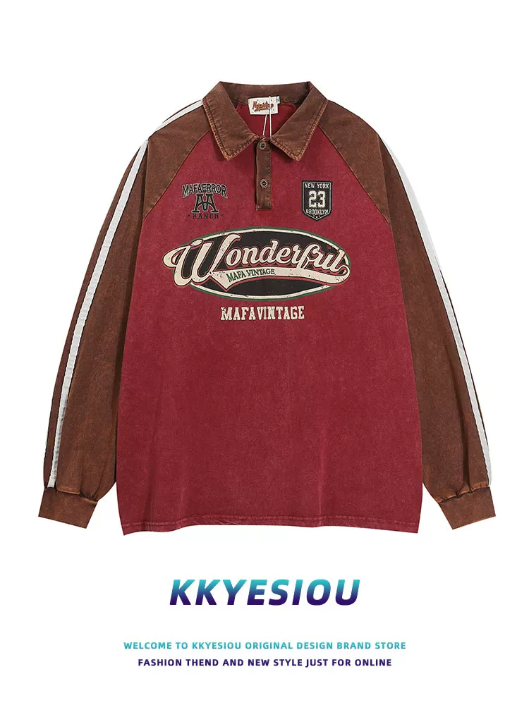 Áo thun polo in họa tiết cổ điển kiểu Mỹ KKyesiou, chất liệu vintage đã qua xử lý, dành cho nam và nữ, màu đỏ đô, cổ áo sơ mi.