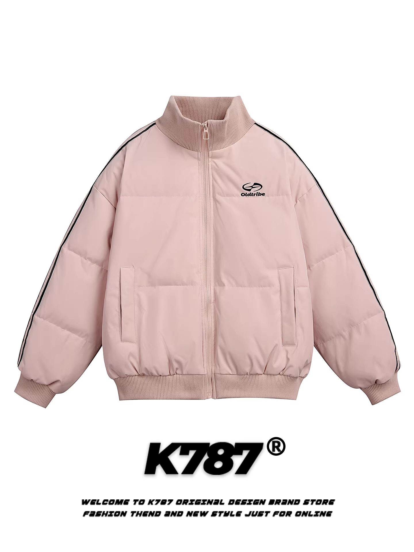 Áo khoác cotton cổ đứng thêu chữ kiểu Mỹ cổ điển K787 dành cho nam và nữ, dáng rộng, ấm áp, màu hồng, áo khoác cotton mùa đông dành cho cặp đôi