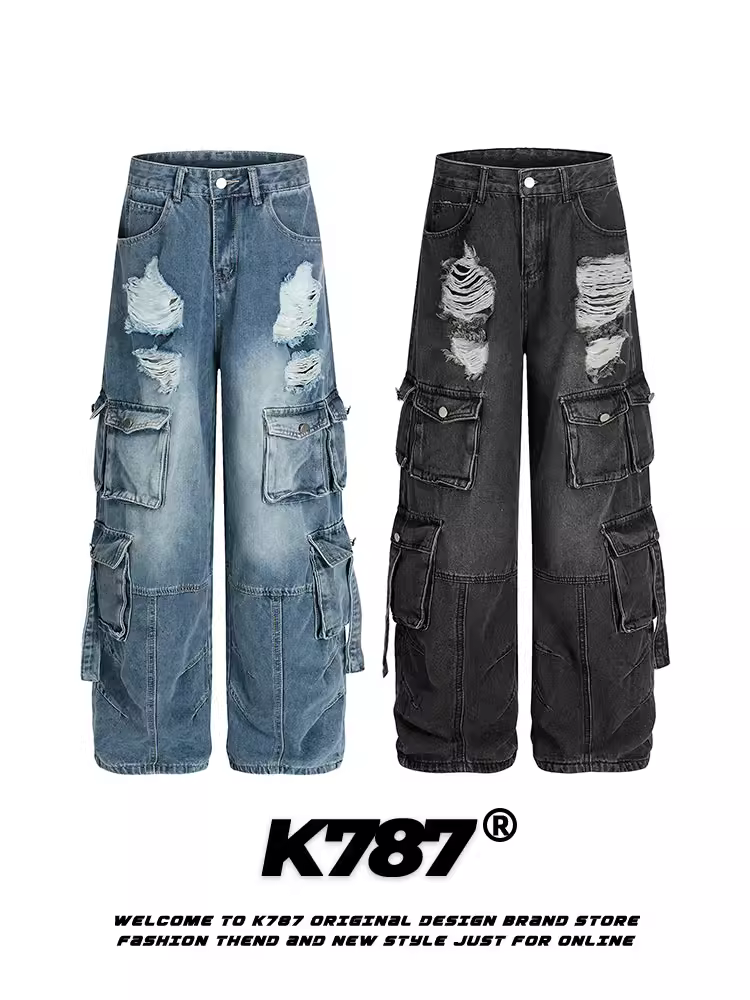 Quần jean denim cũ kỹ kiểu Mỹ K787 dành cho nam và nữ, cạp cao, nhiều túi, ống thẳng, ống rộng, kiểu quần công sở.