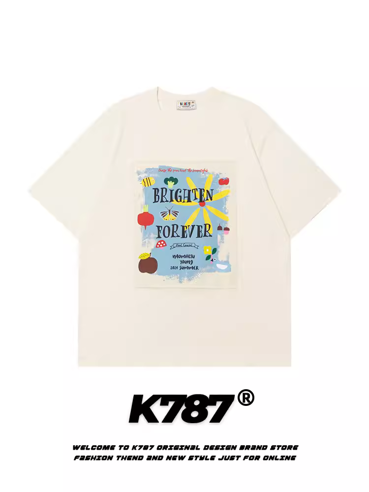 Áo thun ngắn tay chắp vá phong cách retro Mỹ K787 dành cho nam và nữ, áo thun oversized đa năng dành cho cặp đôi