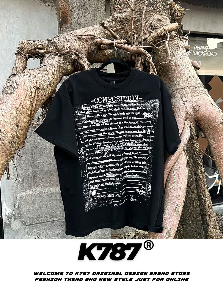 Áo thun ngắn tay unisex phong cách Trung Quốc K787, kiểu dáng gọn gàng, mùa hè 2025, phong cách retro Mỹ, đường phố, dành cho cặp đôi