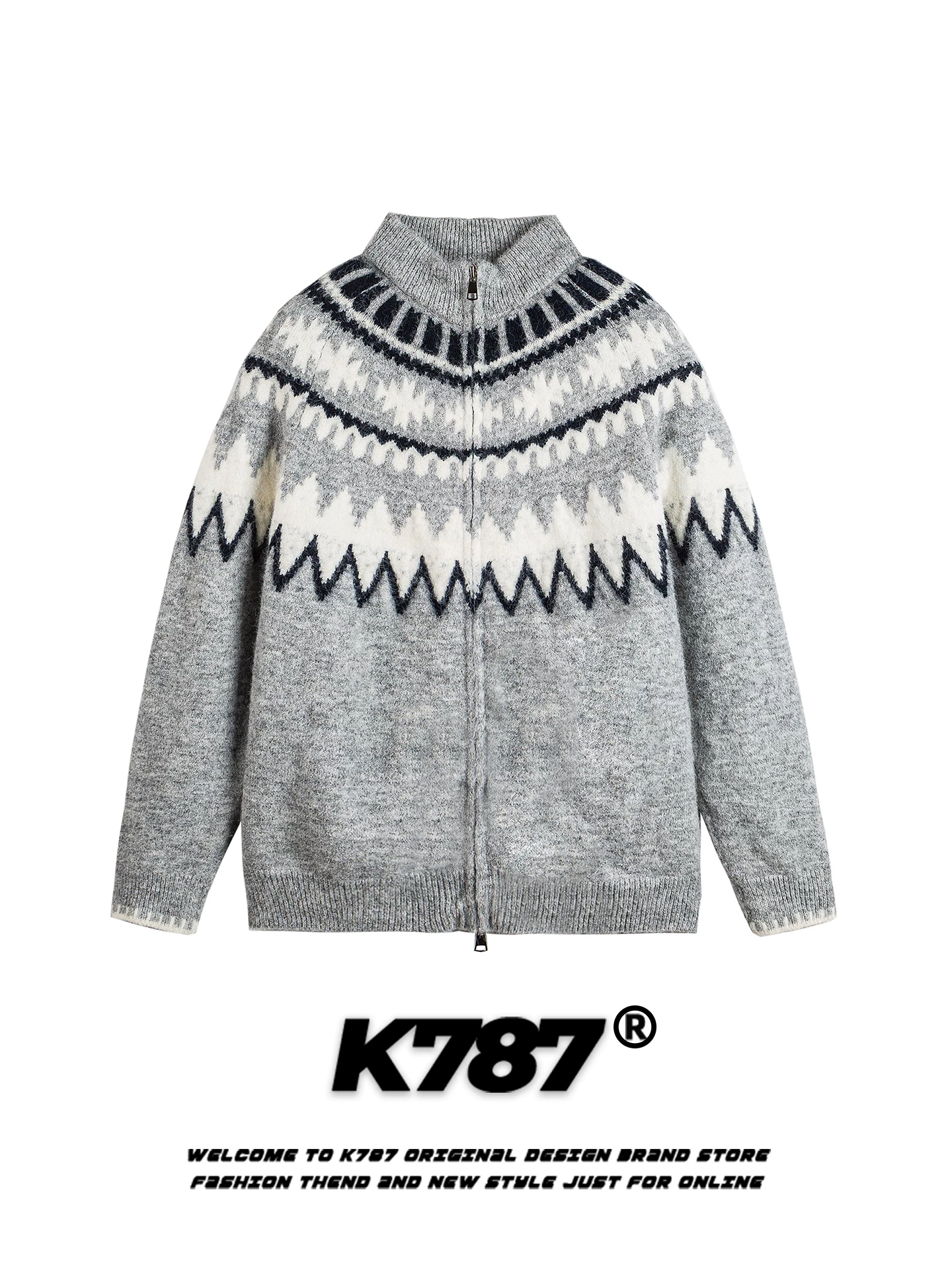 Áo len cardigan cổ đứng phối màu phong cách đường phố Mỹ K787 dành cho nam và nữ, kiểu dáng rộng rãi và thoải mái.