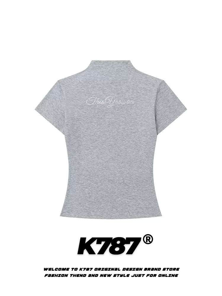 Áo thun ngắn tay kiểu K787 phong cách girl cá tính, cổ đứng, phong cách BM, ôm eo, thuần khiết gợi cảm, đa năng phong cách Y2K, trang trí đá lấp lánh.