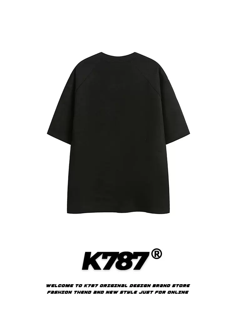 K787 Áo thun ngắn tay phong cách retro Mỹ, phối họa tiết rằn ri thêu, kiểu dáng unisex, rộng rãi, phong cách công sở, tay lửng