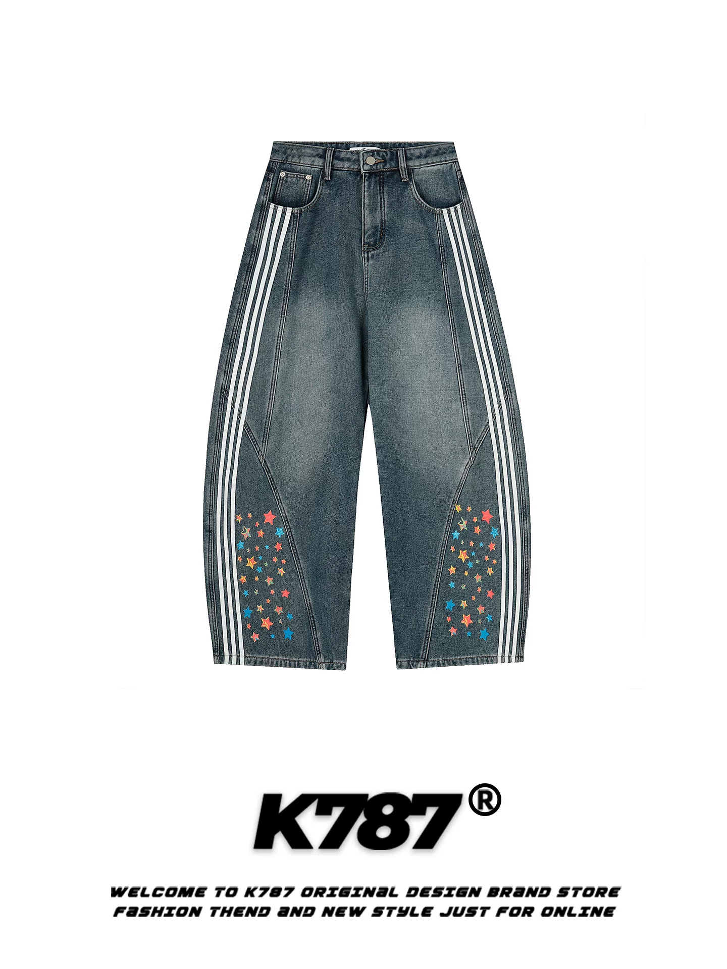 Quần jeans K787 kiểu Mỹ cổ điển, ba sọc, unisex, dáng rộng, thiết kế phá cách, thời thượng, cạp cao, ống rộng, kiểu quần scimitar