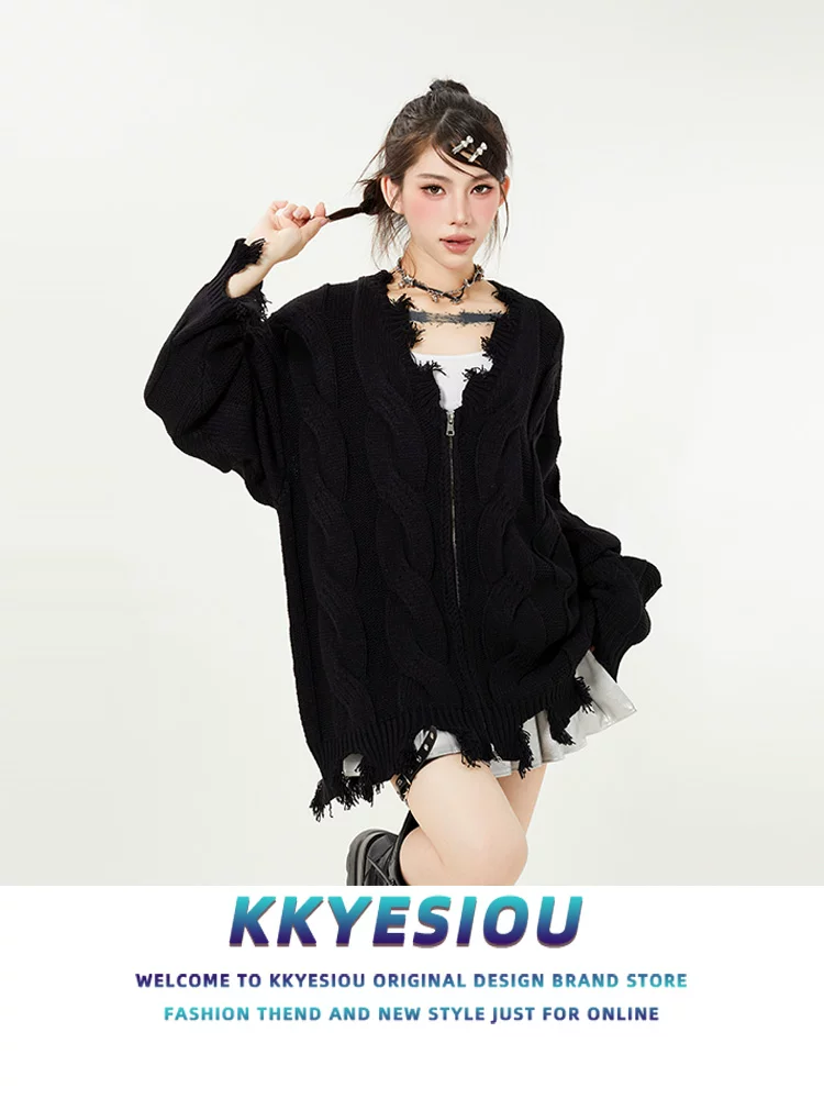 Áo len nữ K787 kiểu Mỹ cổ điển, màu xám xước, dáng rộng, phong cách lười biếng, chất liệu dệt kim dày, có khóa kéo.