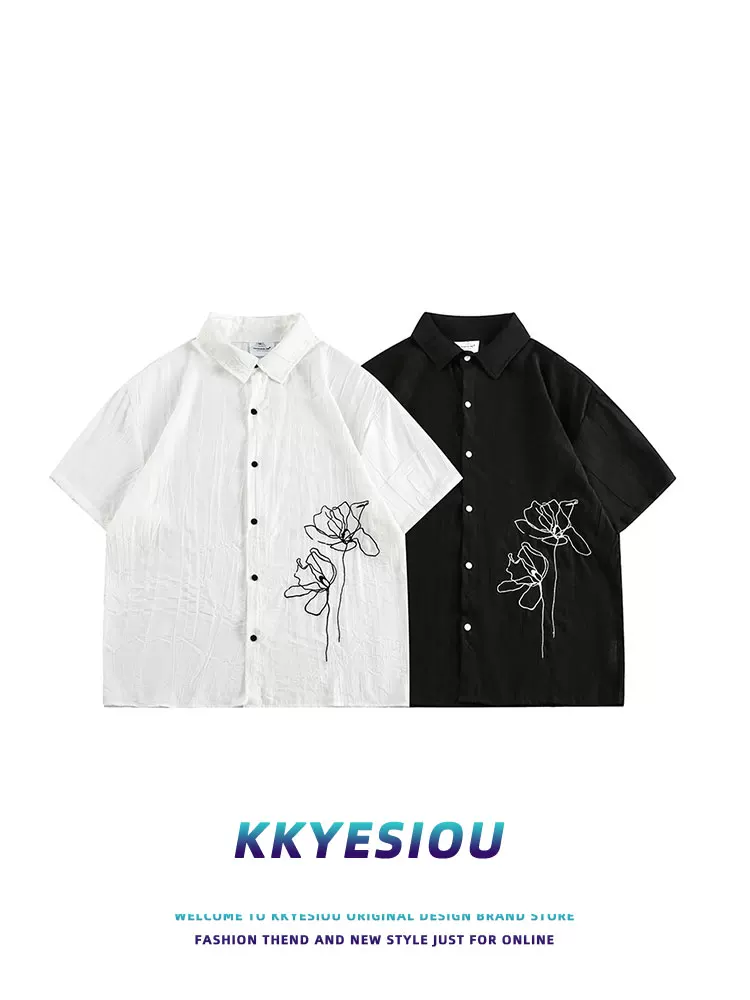 Áo sơ mi ngắn tay thêu hoa hồng phong cách Trung Quốc mới của KKyesiou dành cho nam và nữ, xu hướng quốc gia, áo có cổ kiểu Trung Quốc dành cho cặp đôi