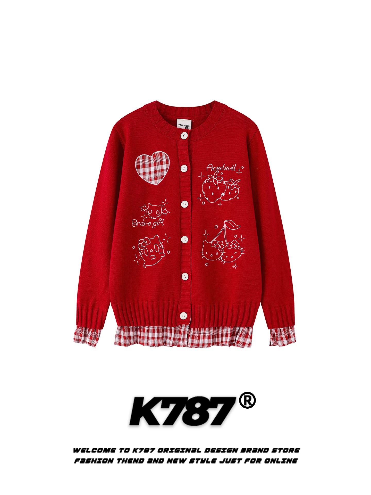 K787 Áo len cardigan kiểu Mỹ cổ điển hình mèo áo khoác giả hai mảnh phong cách đại học cô gái ngọt ngào áo len ngắn dệt kim