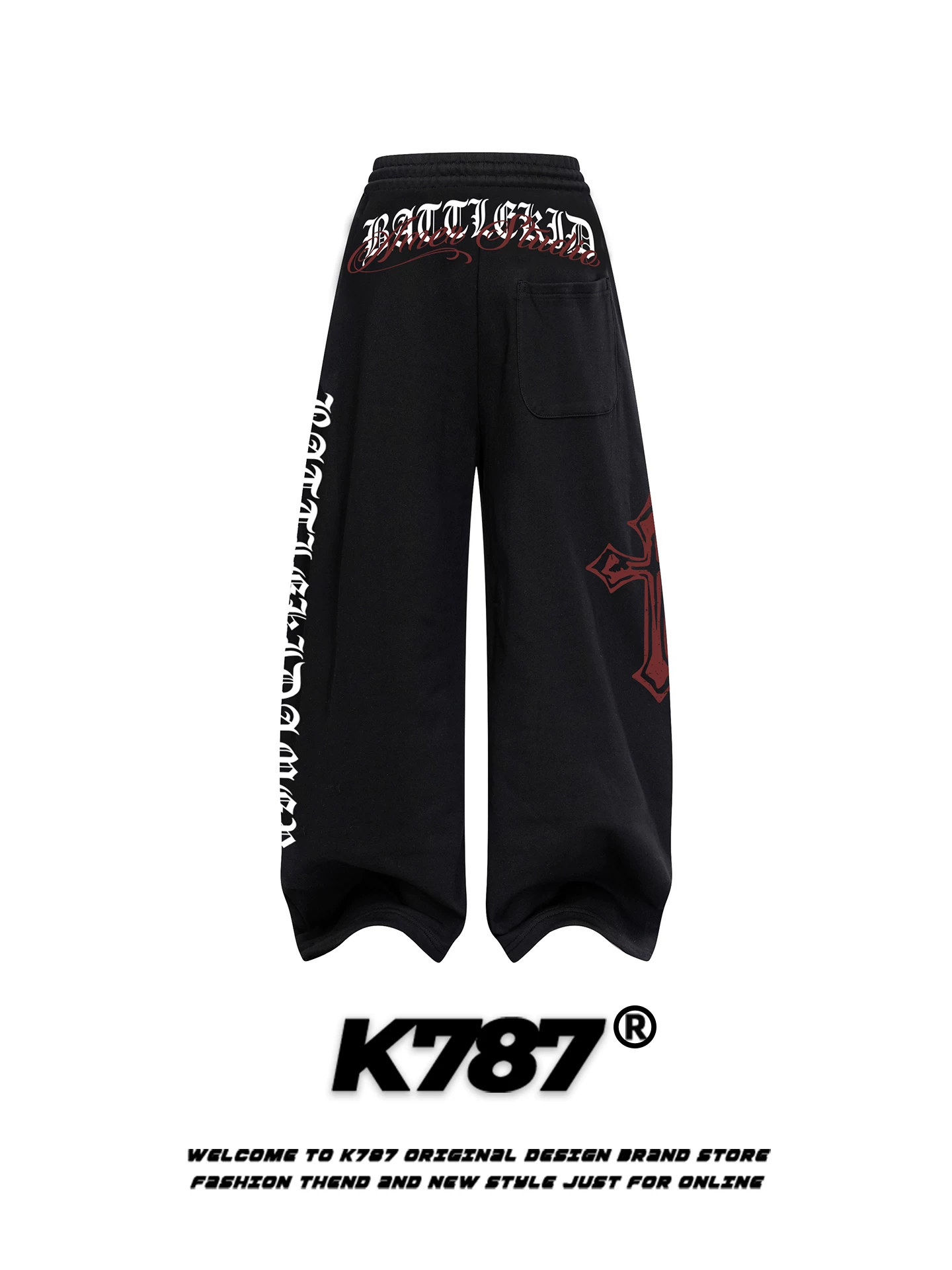 Quần jogger unisex kiểu Mỹ cổ điển K787, in họa tiết chéo, dáng rộng, cạp cao, dây rút, ống rộng, thích hợp cho khiêu vũ đường phố