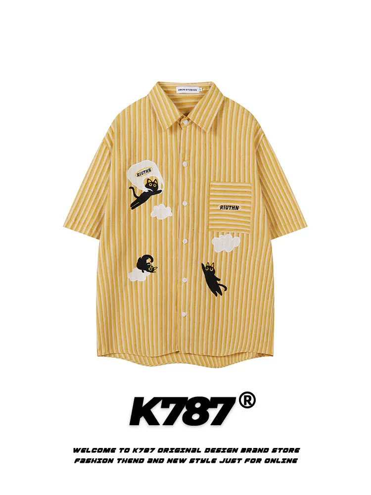 K787 Mỹ retro thêu mèo vui nhộn áo sơ mi ngắn tay unisex sọc đa năng phong cách đại học cardigan nửa tay mùa hè