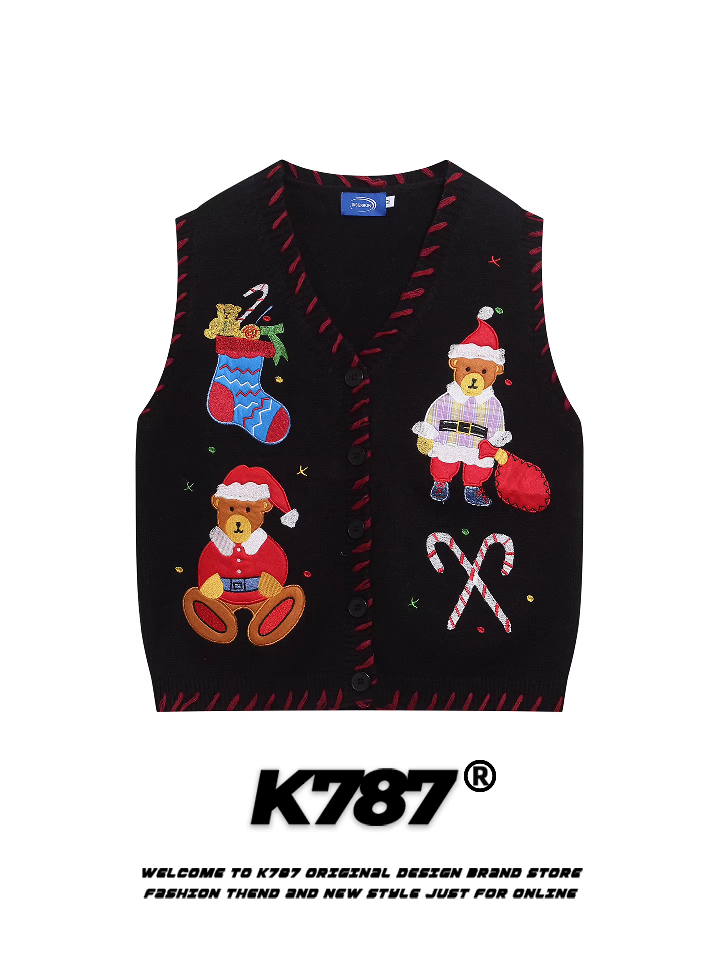 Áo len dệt kim cổ chữ V thêu hình gấu Giáng sinh cổ điển kiểu Mỹ K787 dành cho nam và nữ, áo khoác cardigan phối màu nhiều lớp