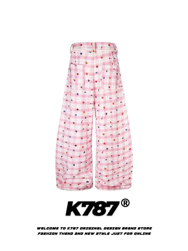 Quần kaki kẻ caro phong cách đường phố Mỹ K787, họa tiết mèo kitty, unisex, in hình sao, phong cách hip-hop, thể thao, cạp cao, dáng thẳng