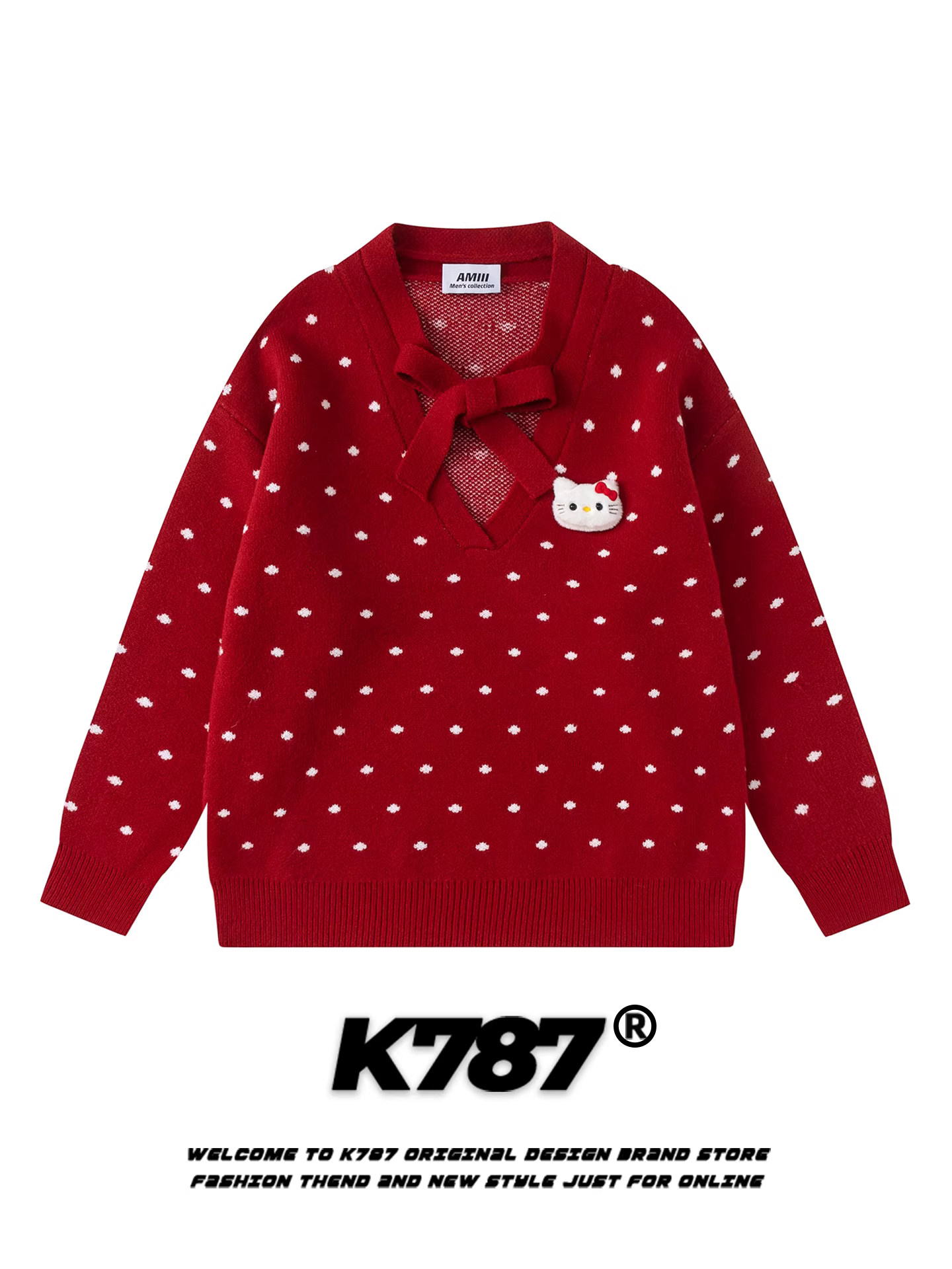 Áo len dệt kim chấm bi 3D kiểu Nhật PBB dành cho nữ, cổ chữ V, phối dây đỏ, phong cách preppy, dáng rộng