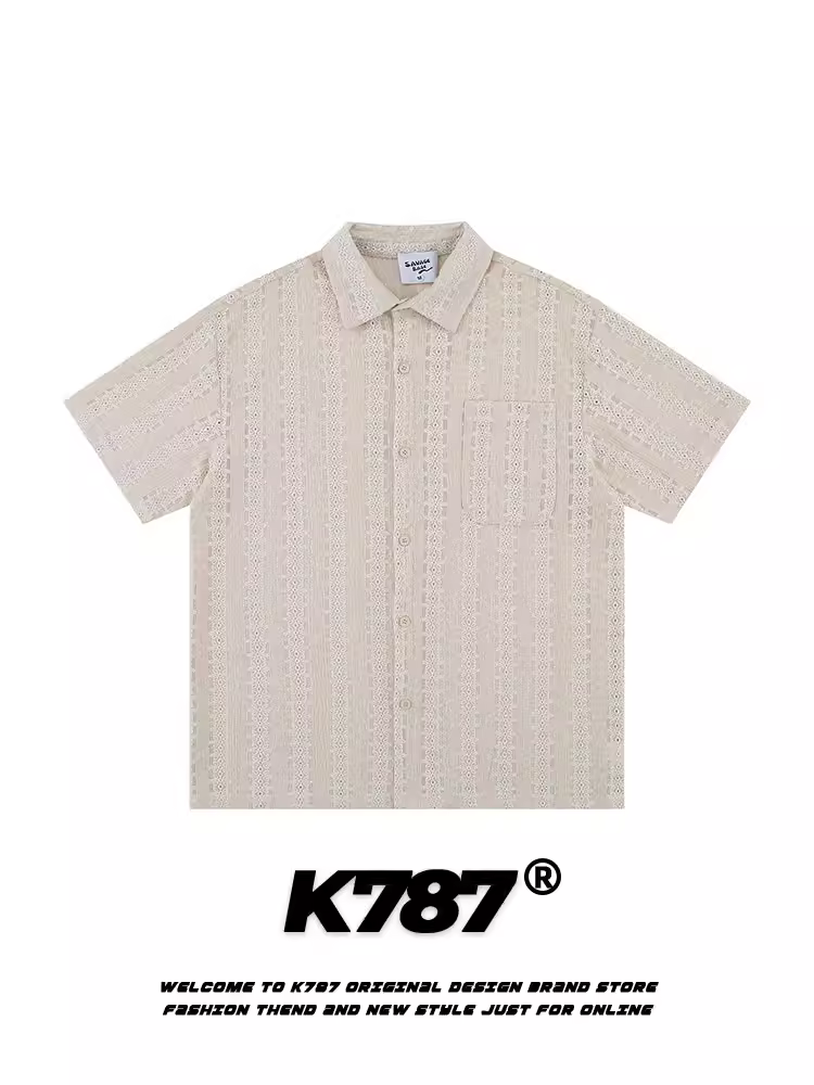 Áo sơ mi ngắn tay thêu rỗng kiểu Mỹ cổ điển K787 dành cho nam và nữ, xu hướng quốc gia, phong cách tiền cổ, thiết kế đường phố, áo cardigan nửa tay