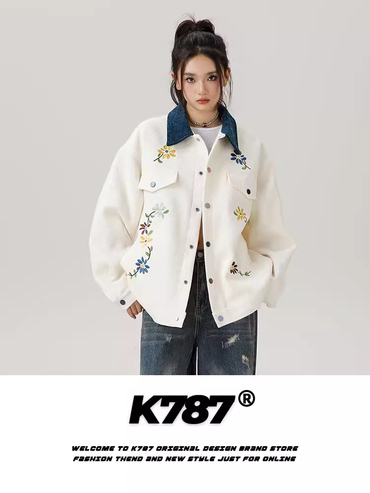 K787 Áo khoác thêu theo xu hướng quốc gia cổ điển của Mỹ unisex trang phục bảo hộ lao động phong cách trang trại phối màu mùa xuân áo khoác bóng chày cặp đôi