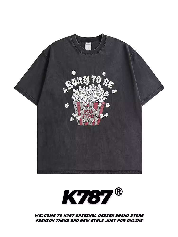 Áo thun ngắn tay in họa tiết bỏng ngô cổ điển kiểu Mỹ K787 dành cho nam và nữ, áo cặp đôi dáng rộng đa năng phong cách đại học