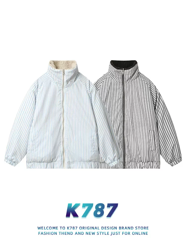 Áo khoác cotton dày dặn hai mặt kẻ sọc kiểu Mỹ cổ điển K787 dành cho nam và nữ, mùa đông 2024, áo khoác đôi