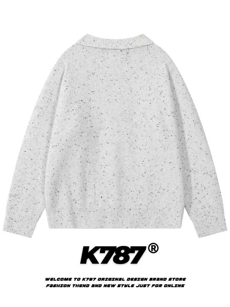K787 Áo len cổ POLO màu xám cổ điển của Mỹ dành cho nam và nữ, phong cách preppy thêu thỏ đổ xô áo len phong cách lười biếng