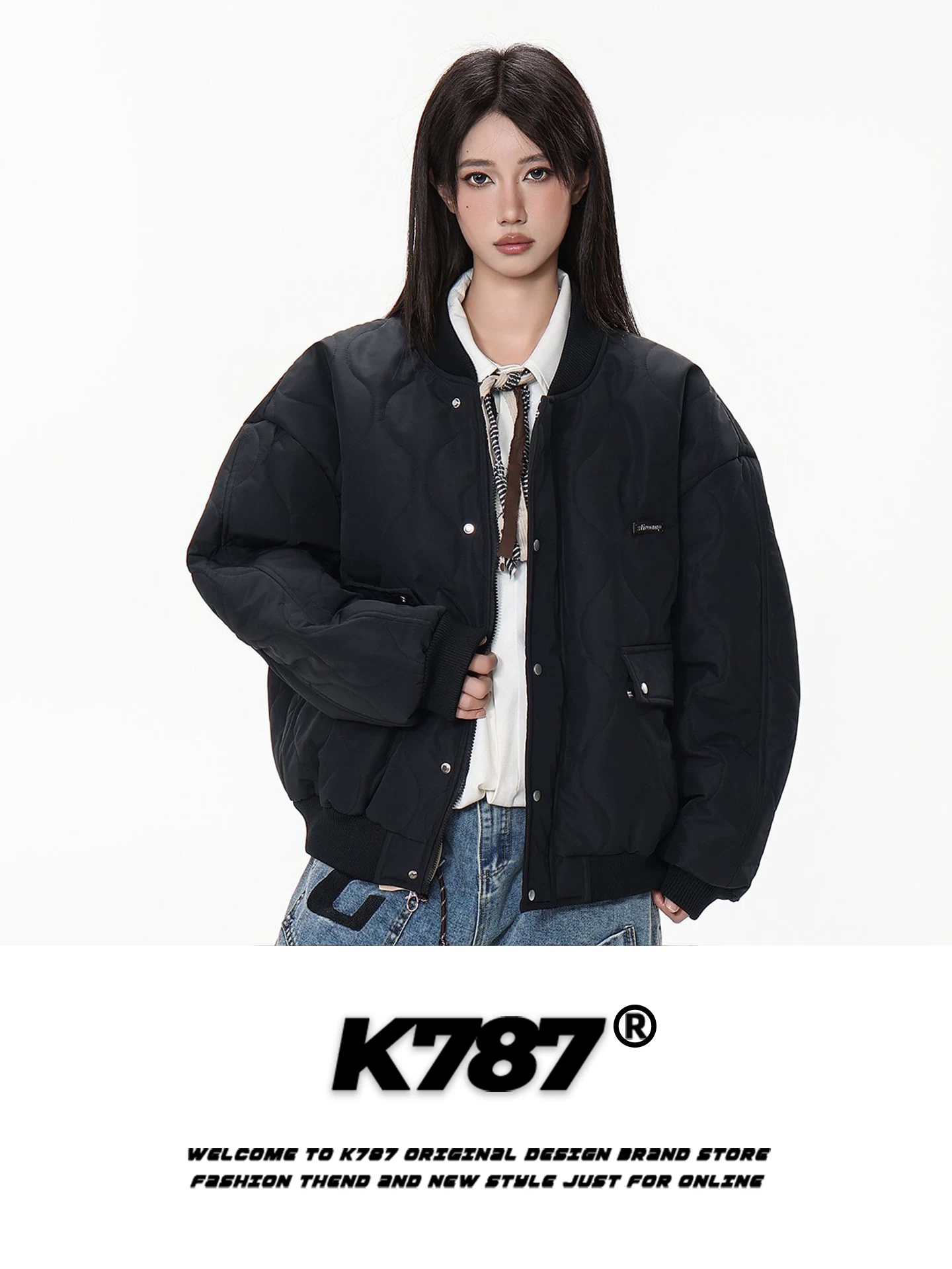 Áo khoác cotton dày có cổ đứng kiểu cổ điển kiểu Mỹ K787 dành cho nam và nữ, dáng rộng, ấm áp, áo khoác bomber có đệm thương hiệu hợp thời trang.