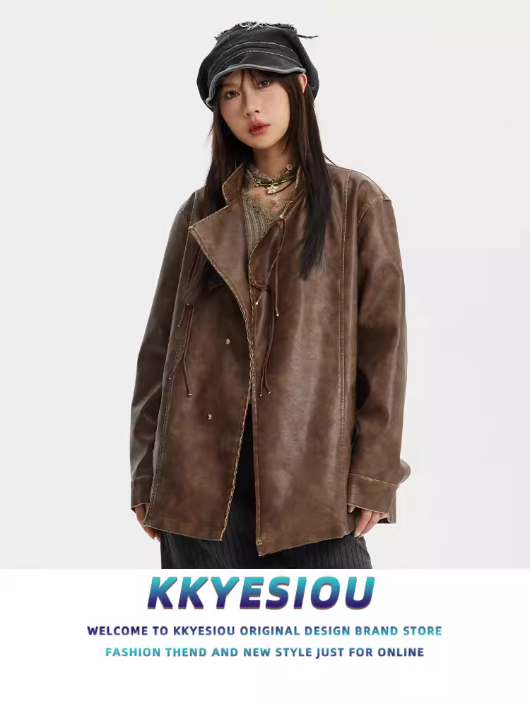 Áo khoác da cổ chéo kiểu cổ điển kiểu Trung Quốc mới của KKyesiou dành cho nam và nữ, Áo khoác cặp đôi hợp thời trang của Đức